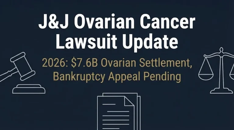 Banner showing Johnson and Johnson ovarian cancer lawsuit update with 7.6 billion dollar settlement on navy background.