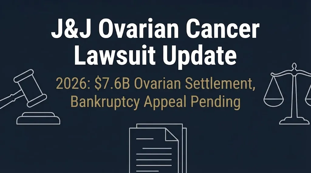 Banner showing Johnson and Johnson ovarian cancer lawsuit update with 7.6 billion dollar settlement on navy background.