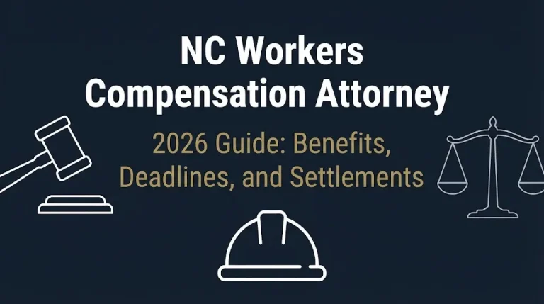 Banner showing North Carolina workers compensation attorney guide with 2026 deadlines and settlement information.