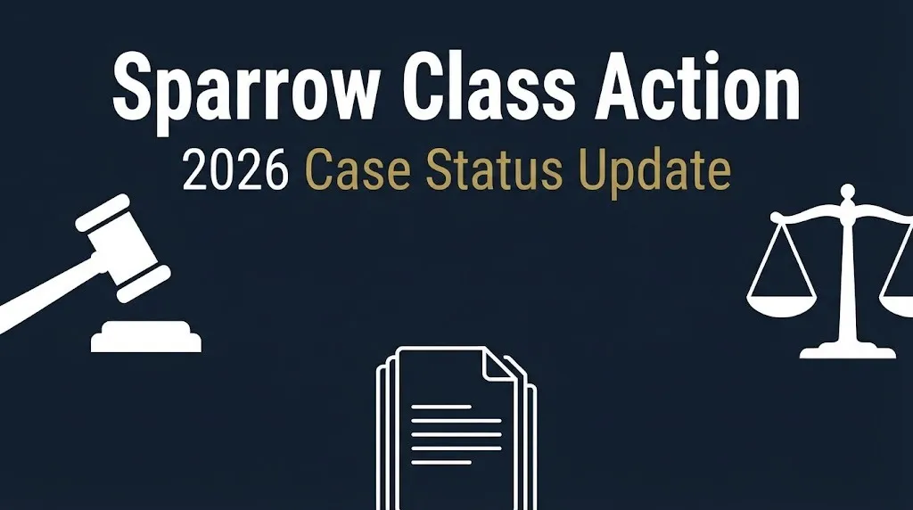 Banner showing Sparrow class action 2026 case status update with legal icons on a navy background.