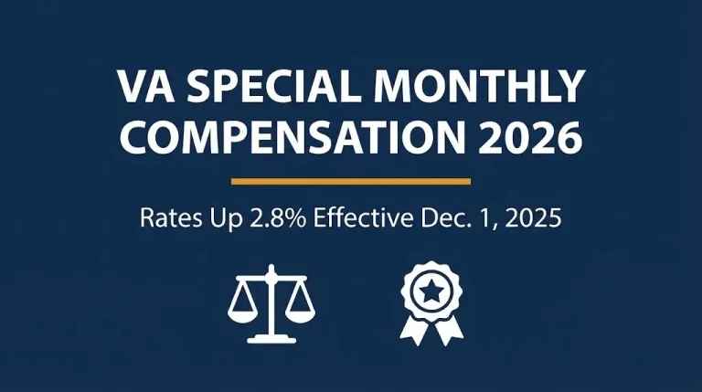 Banner showing VA special monthly compensation 2026 rate increase effective December 1, 2025.