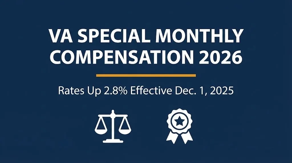Banner showing VA special monthly compensation 2026 rate increase effective December 1, 2025.