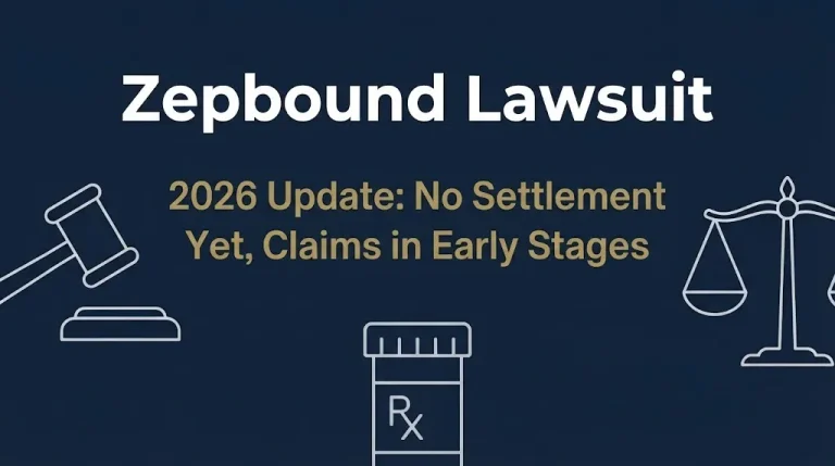 Banner showing Zepbound lawsuit 2026 update with no settlement yet and claims in early stages on navy background.