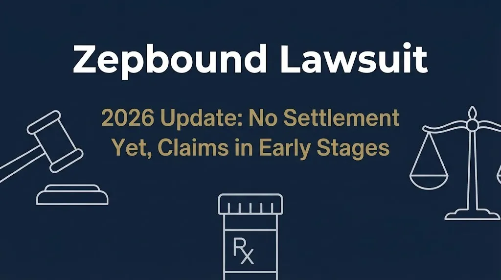 Banner showing Zepbound lawsuit 2026 update with no settlement yet and claims in early stages on navy background.