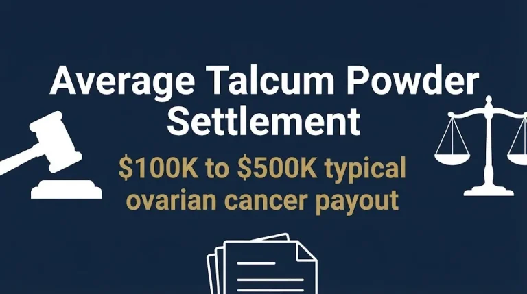 Banner showing average talcum powder settlement range of 100,000 to 500,000 dollars for ovarian cancer claims.