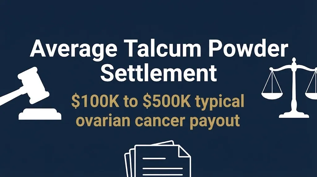 Banner showing average talcum powder settlement range of 100,000 to 500,000 dollars for ovarian cancer claims.