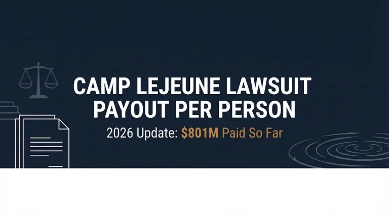 Banner showing camp lejeune lawsuit payout per person 2026 update with $801 million paid so far.