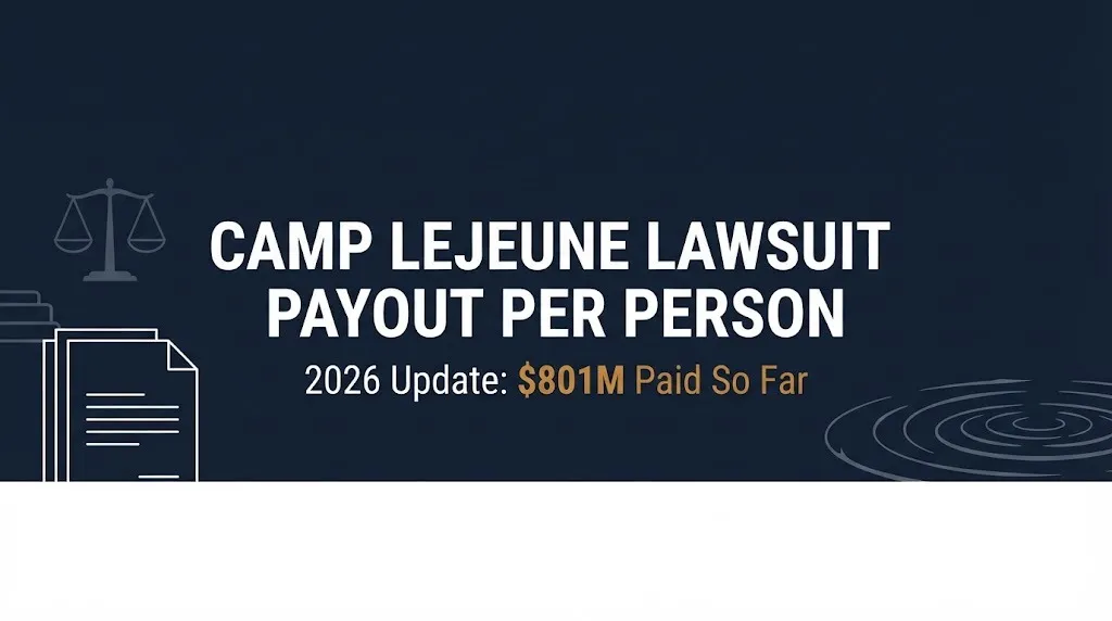 Banner showing camp lejeune lawsuit payout per person 2026 update with $801 million paid so far.