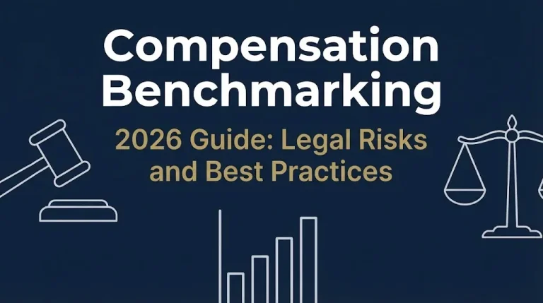 Banner showing compensation benchmarking 2026 guide with legal risks and best practices on navy background.