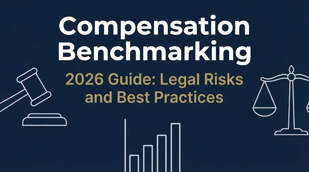 Banner showing compensation benchmarking 2026 guide with legal risks and best practices on navy background.