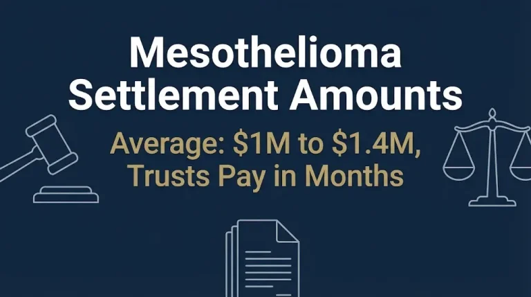 Banner showing mesothelioma settlement amounts averaging 1 to 1.4 million dollars with trust funds paying within months.