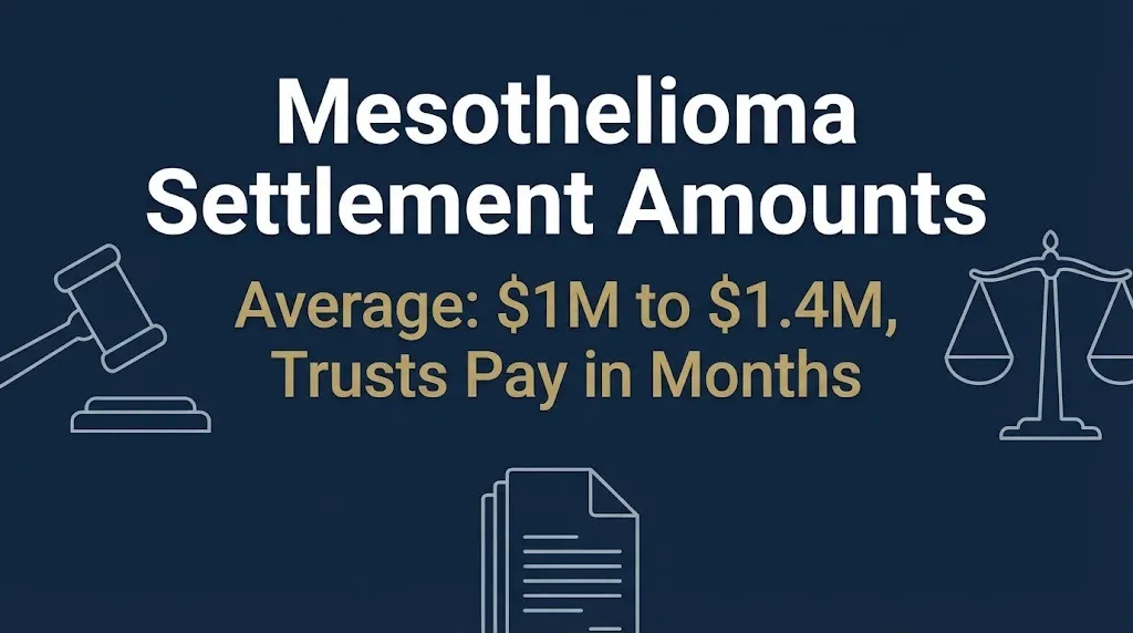 Banner showing mesothelioma settlement amounts averaging 1 to 1.4 million dollars with trust funds paying within months.