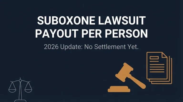 Banner showing suboxone lawsuit payout per person 2026 update noting no settlement has been reached.