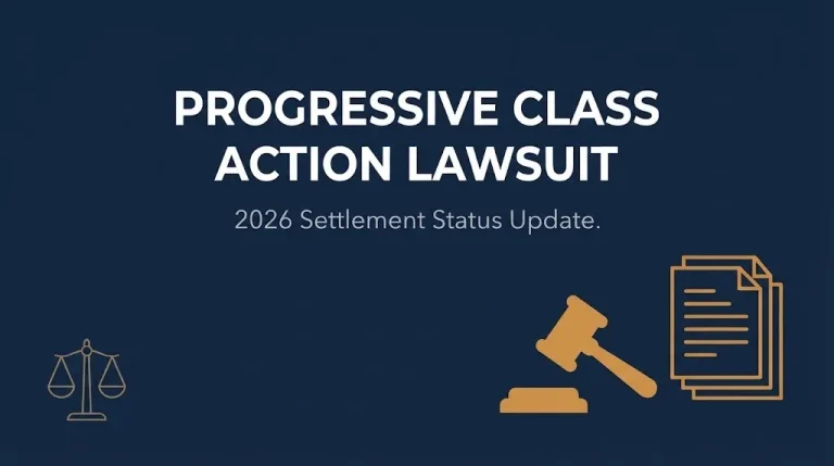 Banner showing the progressive class action lawsuit 2026 settlement status update with gavel and scale icons.
