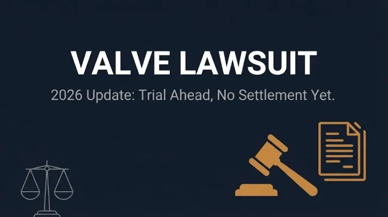 Banner showing the valve lawsuit 2026 update noting a jury trial is ahead with no settlement reached yet.