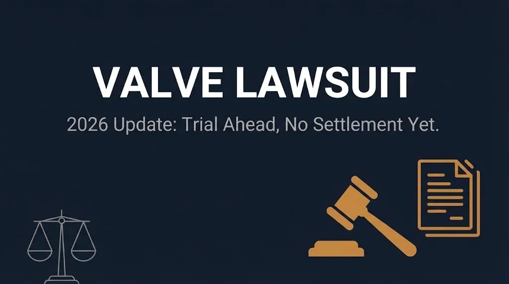 Banner showing the valve lawsuit 2026 update noting a jury trial is ahead with no settlement reached yet.