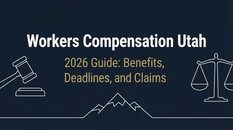 Banner showing workers compensation Utah guide with 2026 benefits and deadlines on navy background.