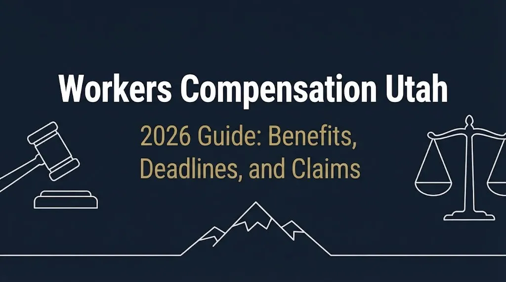 Banner showing workers compensation Utah guide with 2026 benefits and deadlines on navy background.