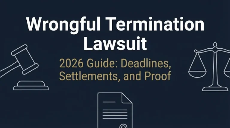 Banner showing wrongful termination lawsuit guide with 2026 deadlines and settlement ranges on navy background with legal icons.