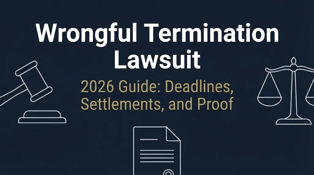Banner showing wrongful termination lawsuit guide with 2026 deadlines and settlement ranges on navy background with legal icons.
