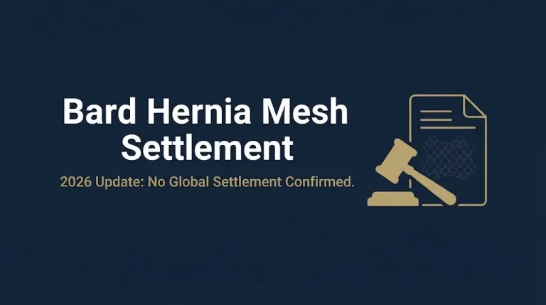 Bard hernia mesh settlement 2026 status graphic showing no global settlement confirmed with legal and medical imagery.