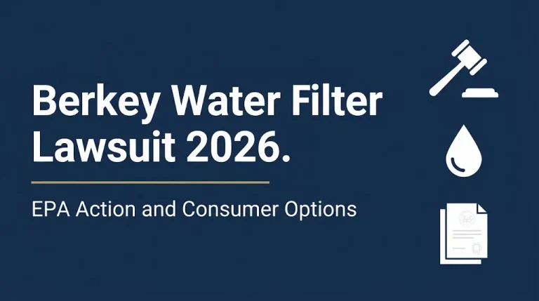 Berkey water filter lawsuit 2026 hero banner showing EPA action status and consumer options.