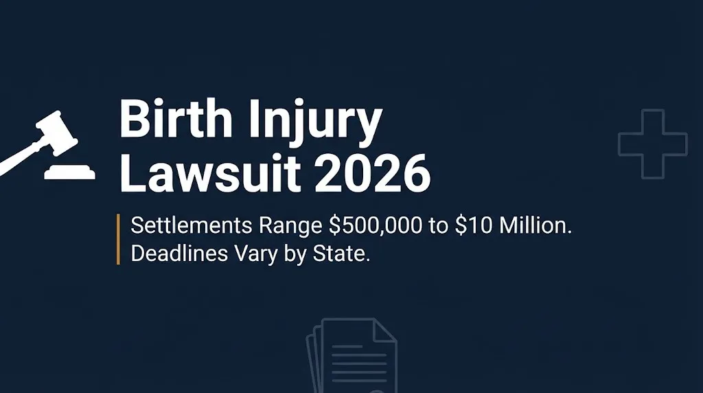 Birth injury lawsuit 2026 banner showing settlement range and state deadline variation.