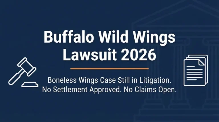 Buffalo Wild Wings lawsuit 2026 banner showing boneless wings case still in litigation with no settlement.