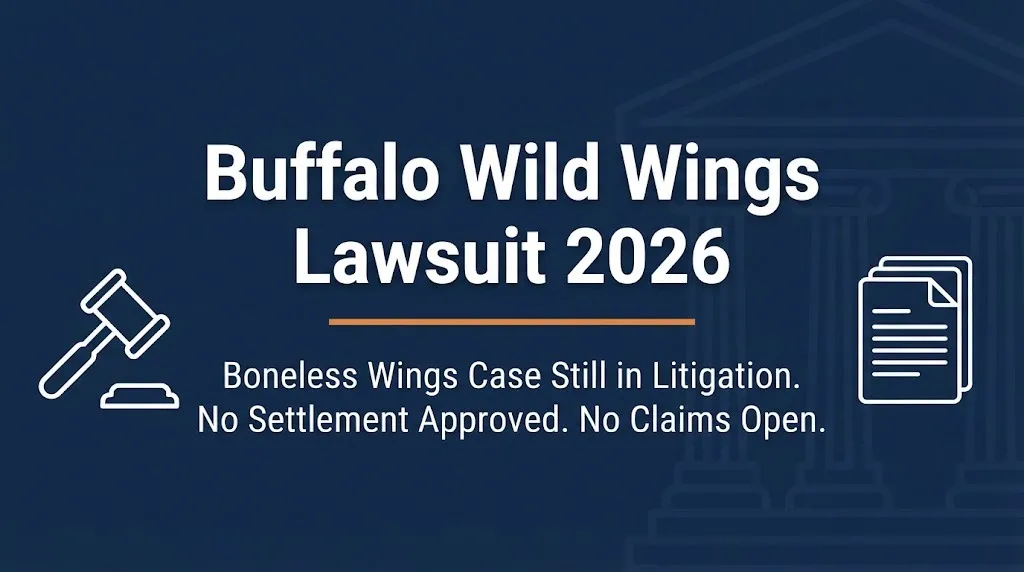 Buffalo Wild Wings lawsuit 2026 banner showing boneless wings case still in litigation with no settlement.