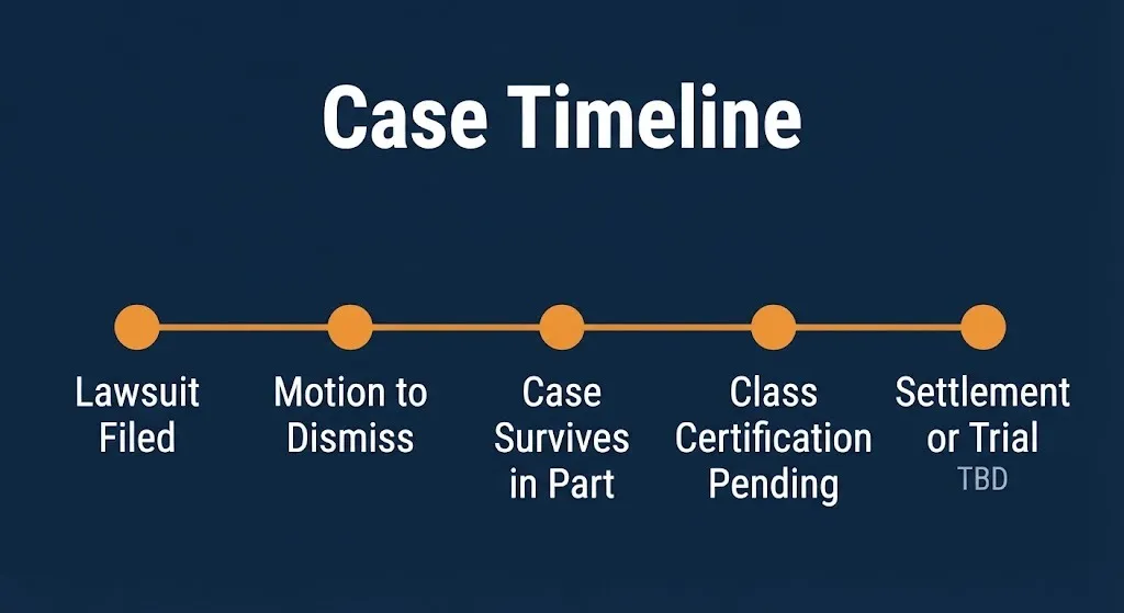 Buffalo Wild Wings lawsuit timeline showing case filed through motion to dismiss to pending class certification.