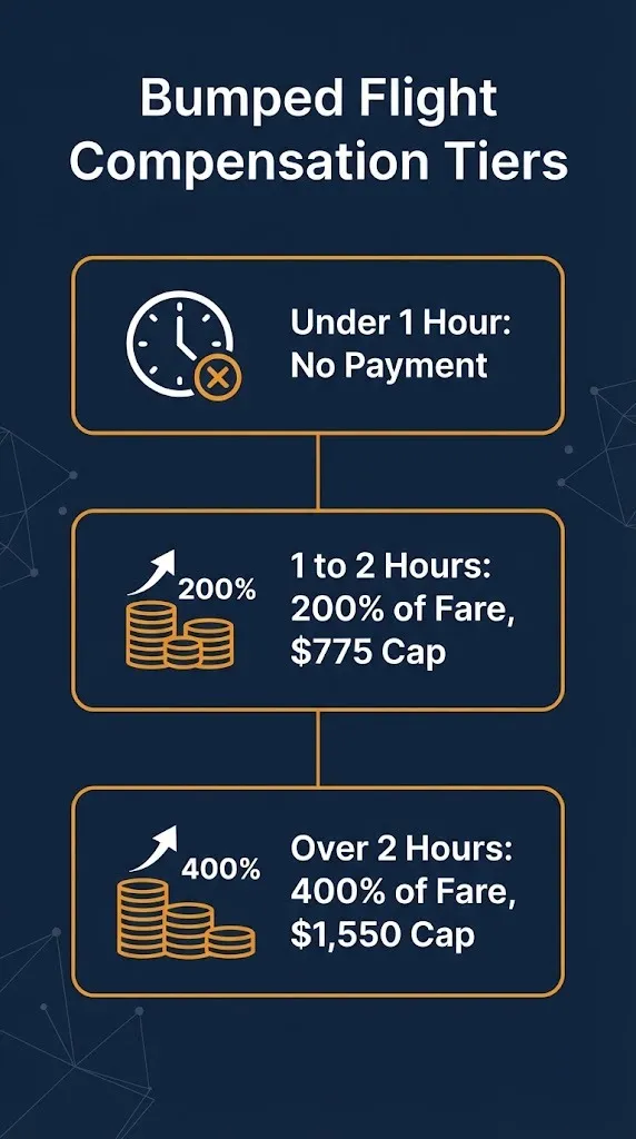 Bumped flight compensation tiers showing 200 percent and 400 percent payout formulas with caps.