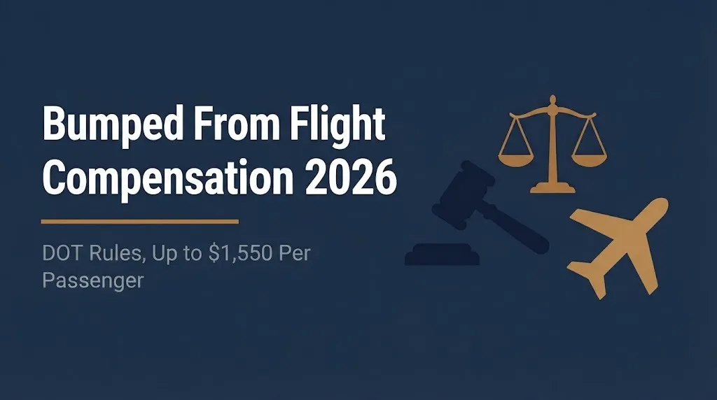 Bumped from flight compensation 2026 banner showing DOT rules and up to $1550 cap with legal icons.