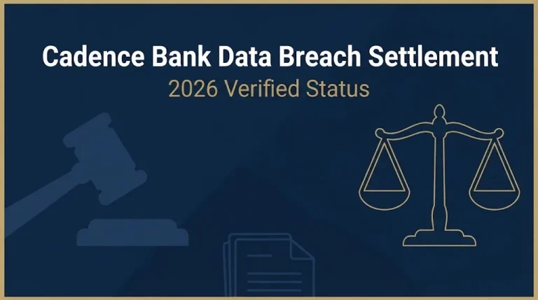 Cadence Bank data breach settlement 2026 status banner with legal symbols on navy background