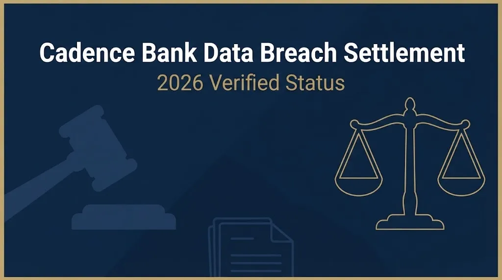 Cadence Bank data breach settlement 2026 status banner with legal symbols on navy background