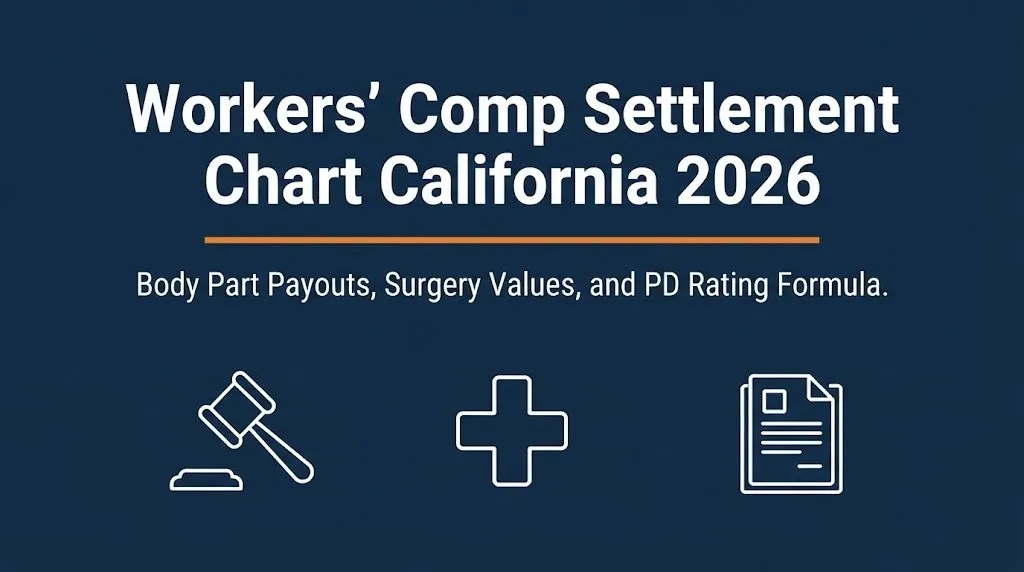 California workers comp settlement chart 2026 banner with body parts payouts and surgery values.