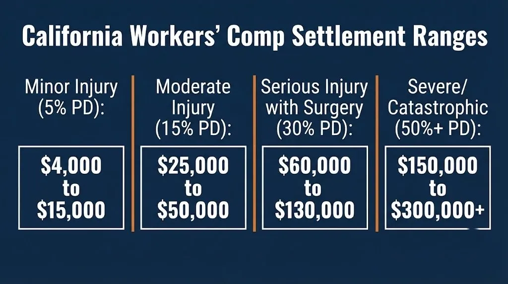 California workers comp settlement tiers from minor injury payouts to catastrophic case values.