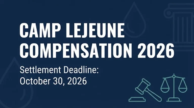 Camp Lejeune compensation 2026 banner noting the October 30, 2026 settlement deadline.