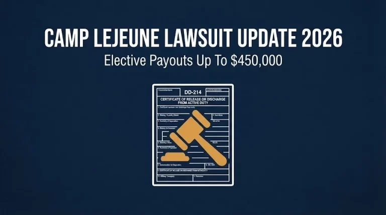 Camp Lejeune lawsuit update 2026 banner showing elective payout amounts up to 450000 dollars.