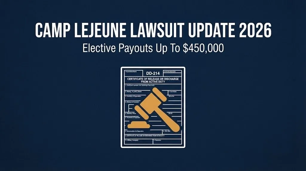 Camp Lejeune lawsuit update 2026 banner showing elective payout amounts up to 450000 dollars.