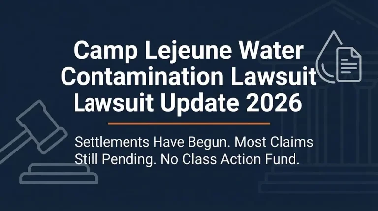 Camp Lejeune water contamination lawsuit 2026 banner showing settlements started.