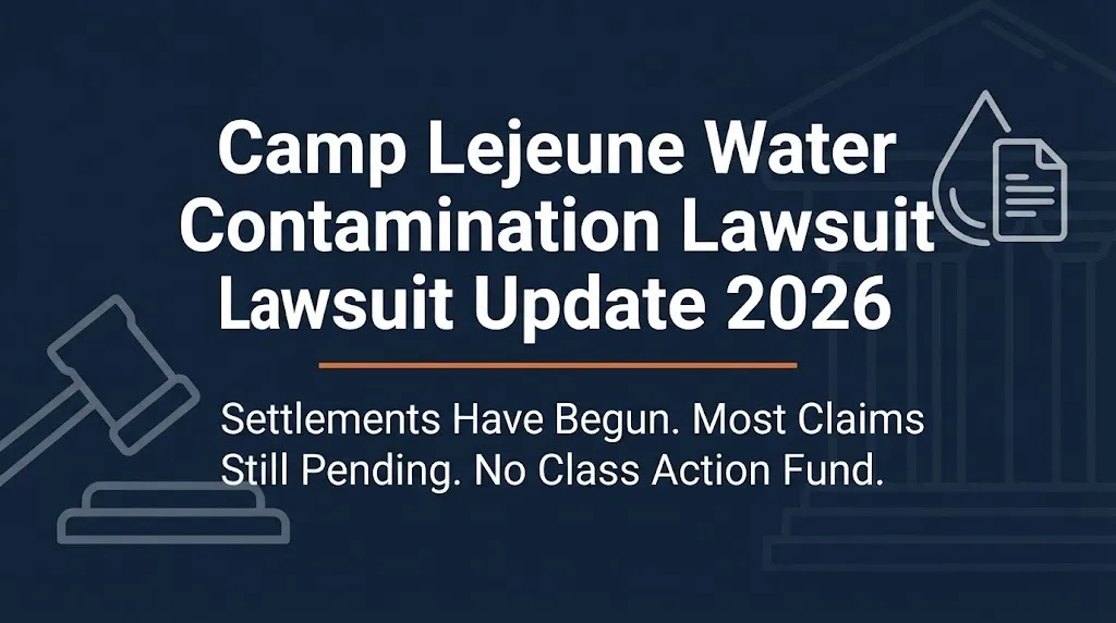 Camp Lejeune water contamination lawsuit 2026 banner showing settlements started.