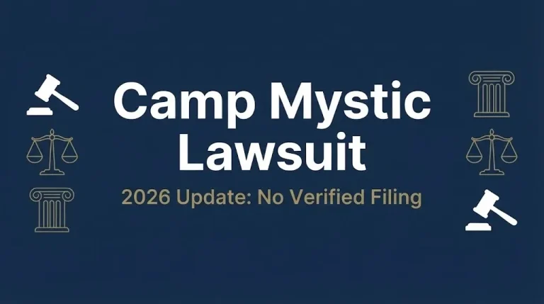 Camp Mystic lawsuit banner with 2026 update status and legal icon symbols.