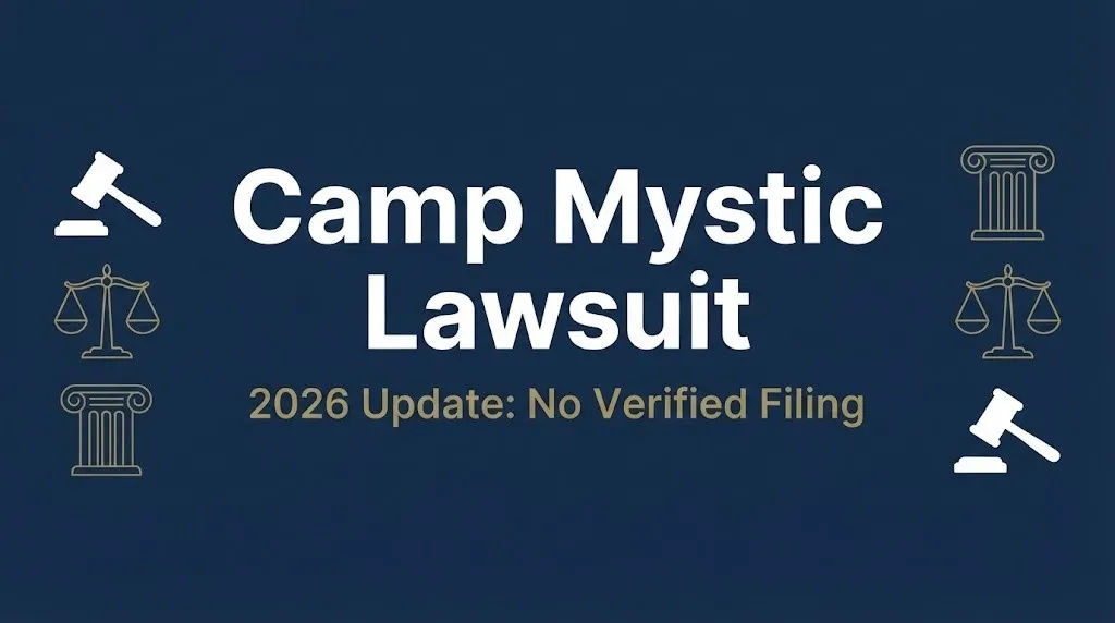 Camp Mystic lawsuit banner with 2026 update status and legal icon symbols.