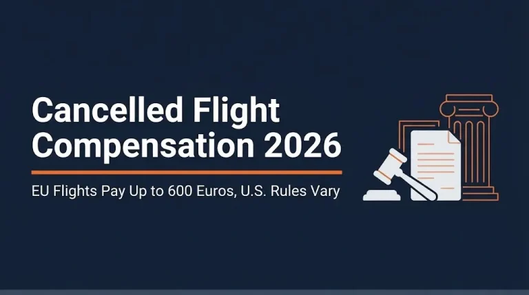 Cancelled flight compensation rules for 2026, with EU payouts up to 600 euros shown in a legal infographic.