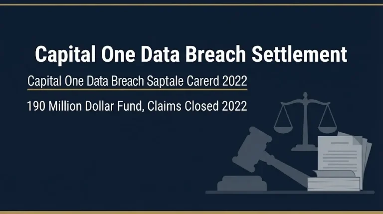 Capital One data breach settlement 2026 update showing 190 million dollar fund with legal illustration icons.