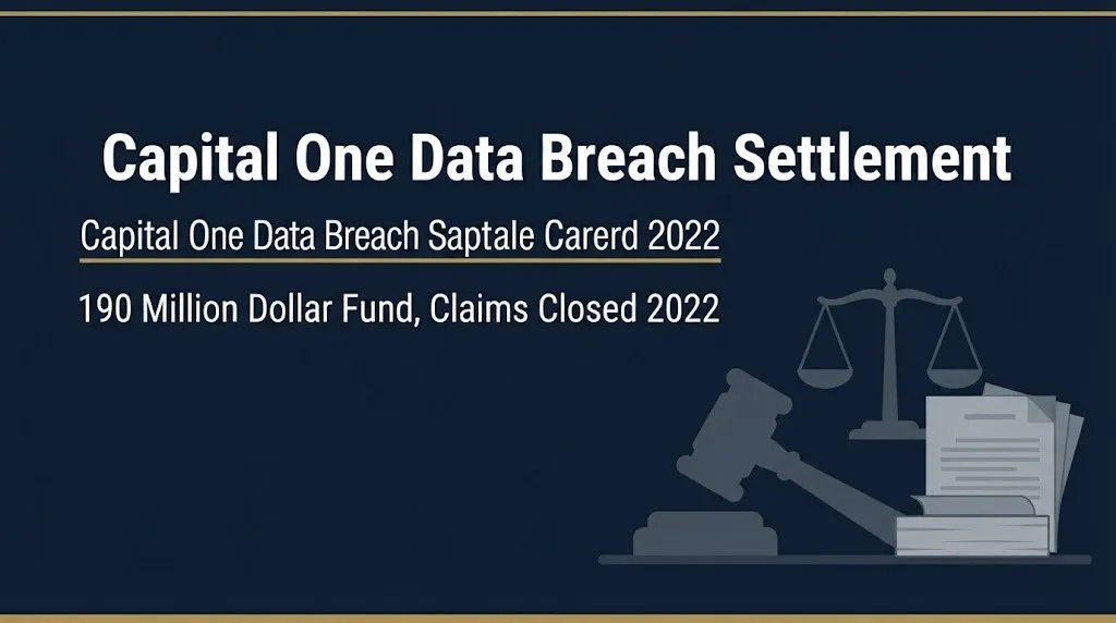 Capital One data breach settlement 2026 update showing 190 million dollar fund with legal illustration icons.