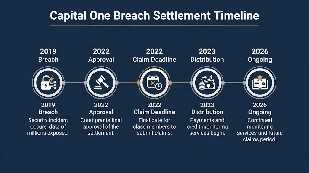 Capital One data breach settlement timeline from 2019 breach through 2026 ongoing distribution status.
