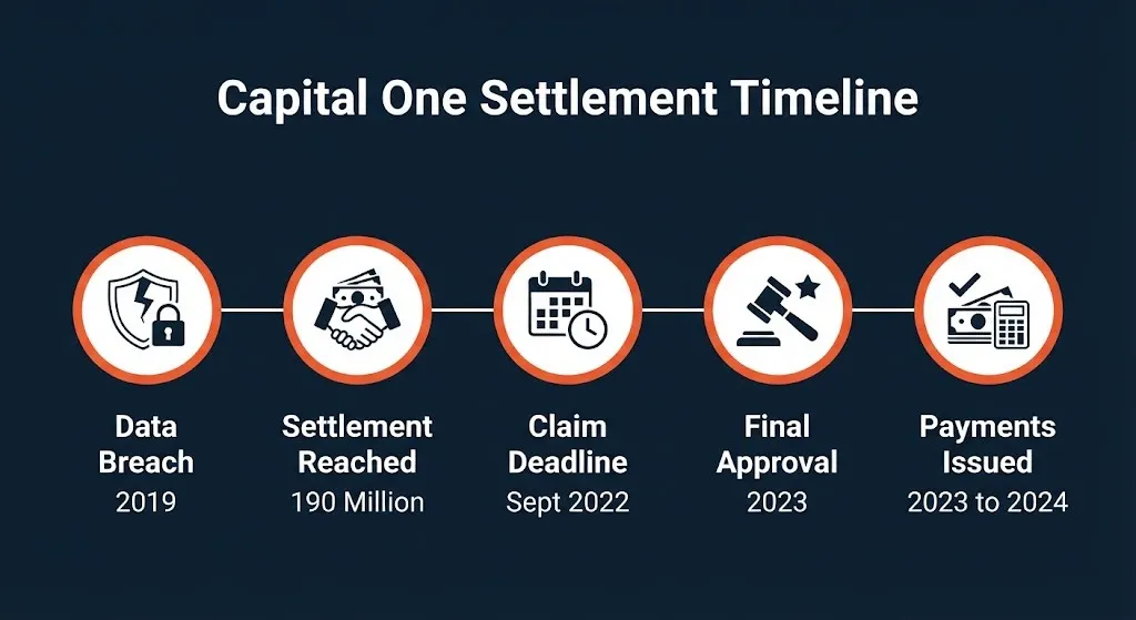 Capital One settlement timeline graphic showing key dates from breach to payment distribution.