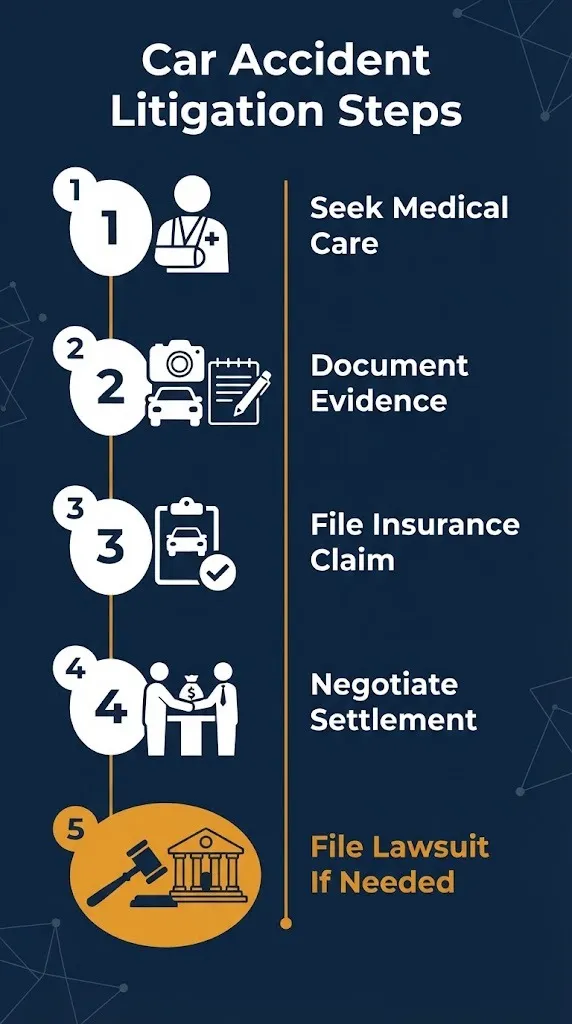 Car accident litigation steps showing medical care, evidence, insurance claim, and lawsuit process.