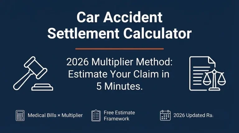 Car accident settlement calculator 2026 hero banner showing multiplier formula and document icons on navy background.